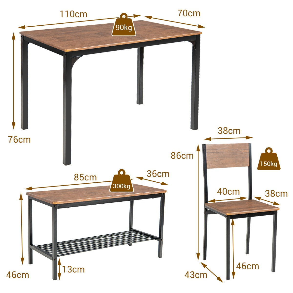 delat – matbord och stolset med stolar bänksits – 4 2 1 – Brun