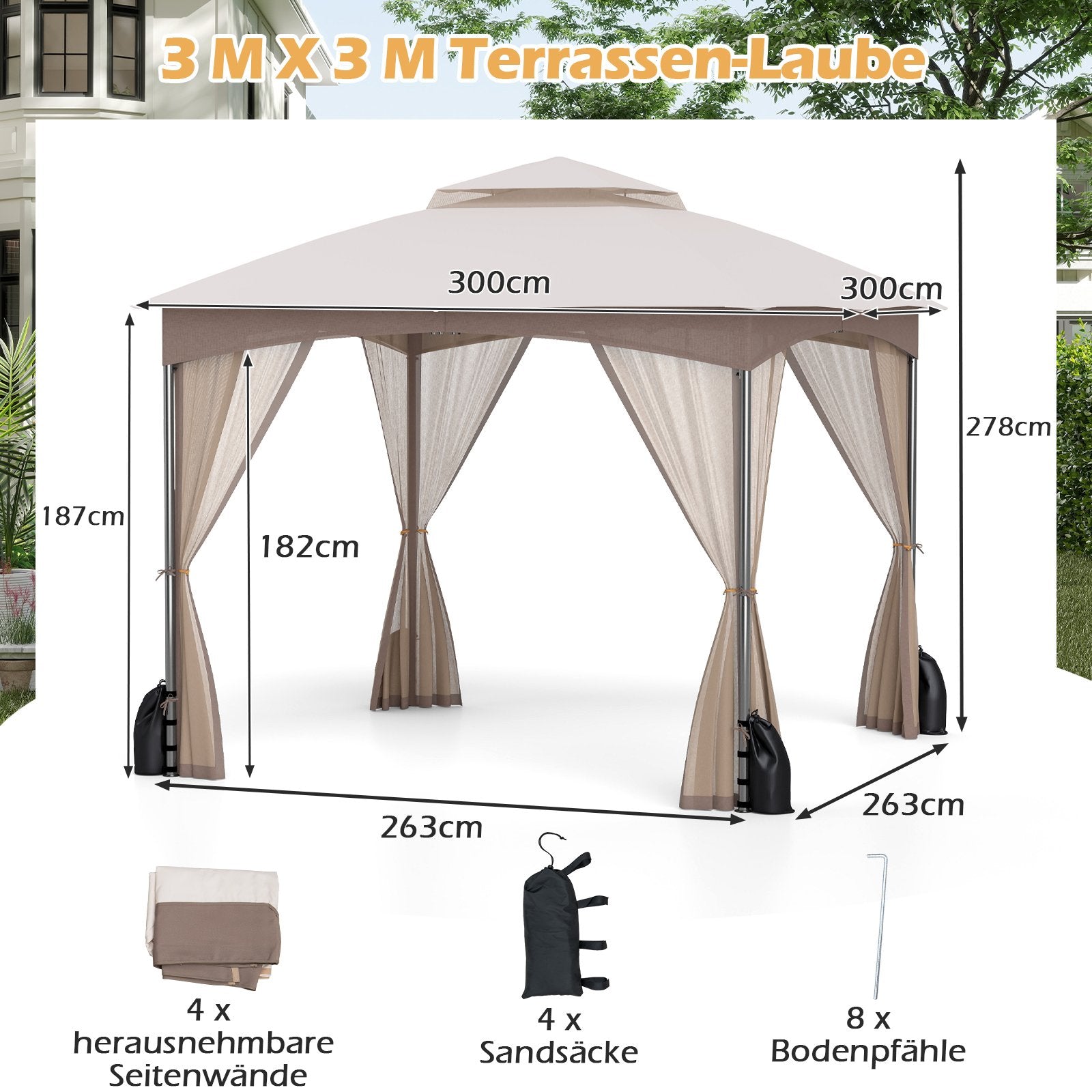 Paviljong – med myggnät och sandsäckar dubbelt tak vattentätt – 4 3 x 3 m – Khaki