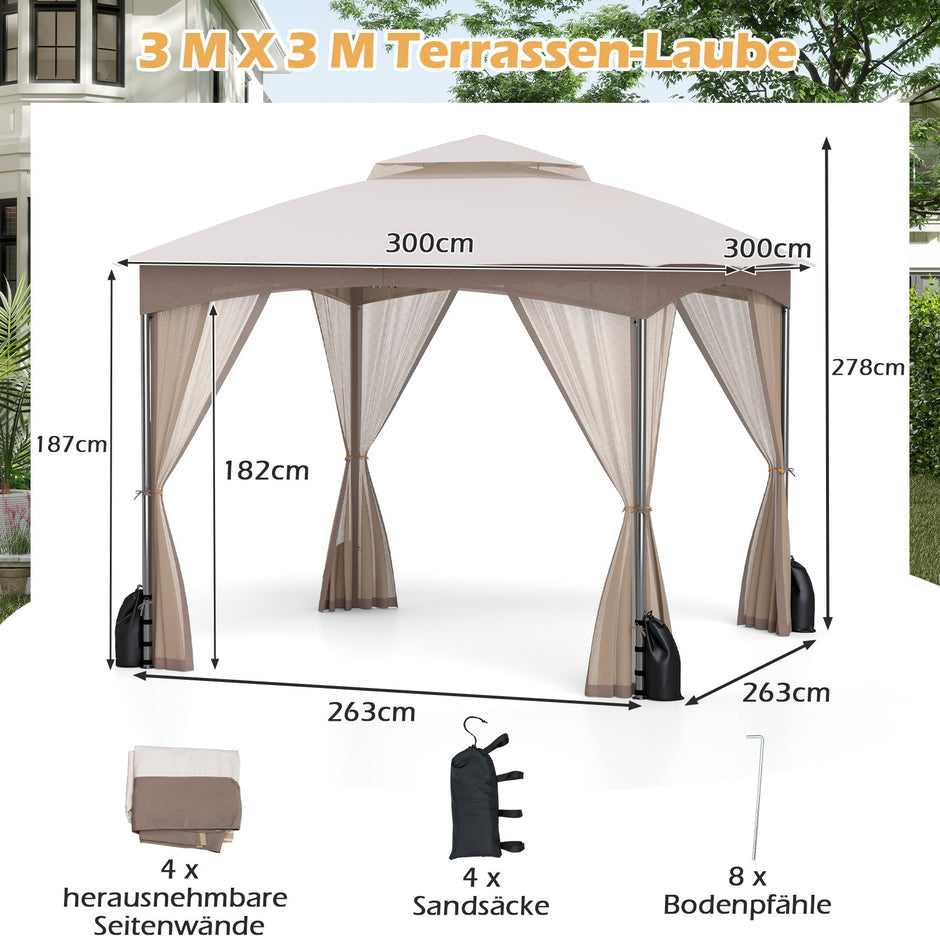 Paviljong – med myggnät och sandsäckar dubbelt tak vattentätt – 4 3 x 3 m – Khaki