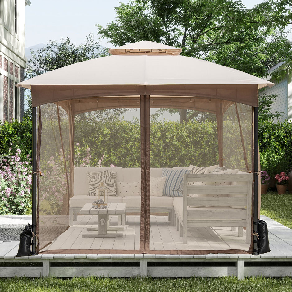 Paviljong – med myggnät och sandsäckar dubbelt tak vattentätt – 4 3 x 3 m – Khaki