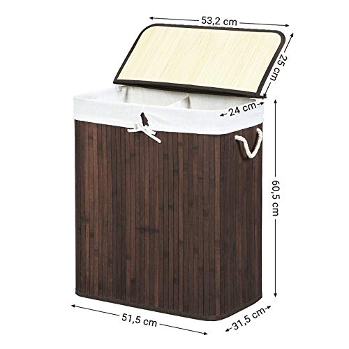 Tvättkorg – Bambu tvättsorterare med lock och avtagbar påse – Brun