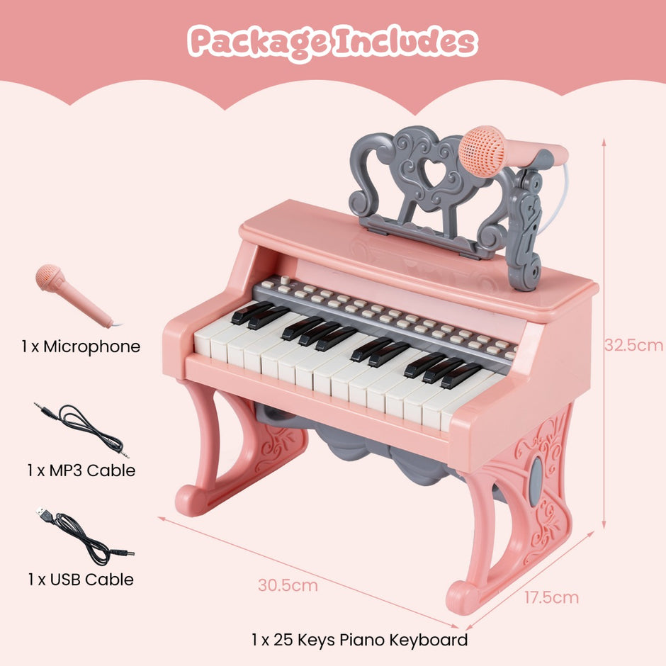 Mini – tangentbord med och notställ mikrofon barnpiano elektriskt – 25 – Rosa