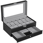 Watchbox - med låda - 12 klockor - smyckesbox - glaslock - svart