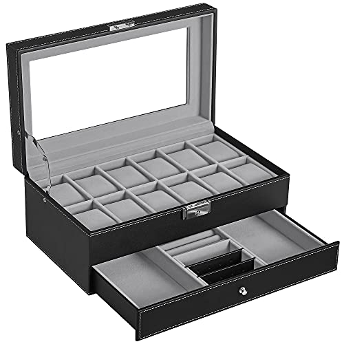 Watchbox - med låda - 12 klockor - smyckesbox - glaslock - svart