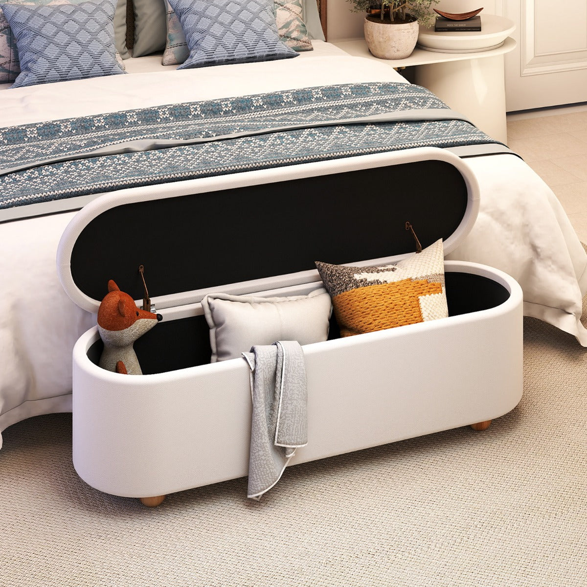 Oval – förvaringsbänk med lock Polstrad ottoman pall lång – 139 cm – Vit