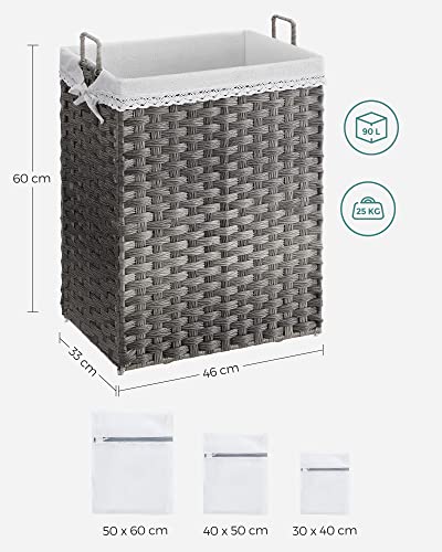 Tvättkorg - 90 liter - tygsamlare - avtagbar innerficka - 2 tvättväskor gjorda av tyg - grå