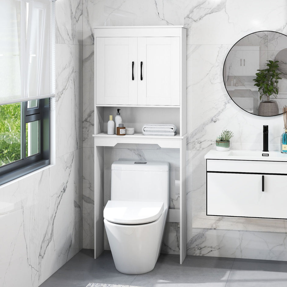 Toalettskåp – med Dörr och Justerbar Hylla Platsbesparande Överbodskåp – 2 168 cm – Vit