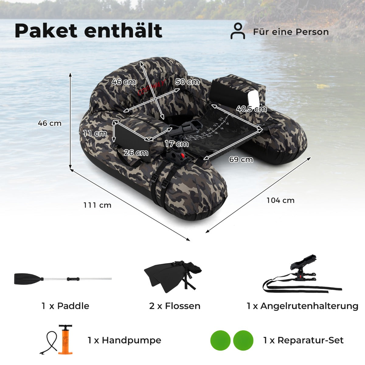 Uppblåsbart – gummibåt fiskebåt med justerbar fiskespöhållare fiskekrokstator aluminium paddlar och fenor kamouflagefärger – Kamouflage