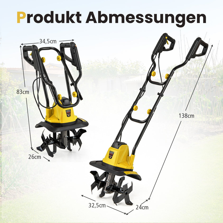 Elektrisk – motorhacka 750W | Arbetsbredd Arbetsdjup varv/min jordhacka med skyddsbrytare – 32 cm 22 cm 380 32,5 x 24 x 138 cm – Gul