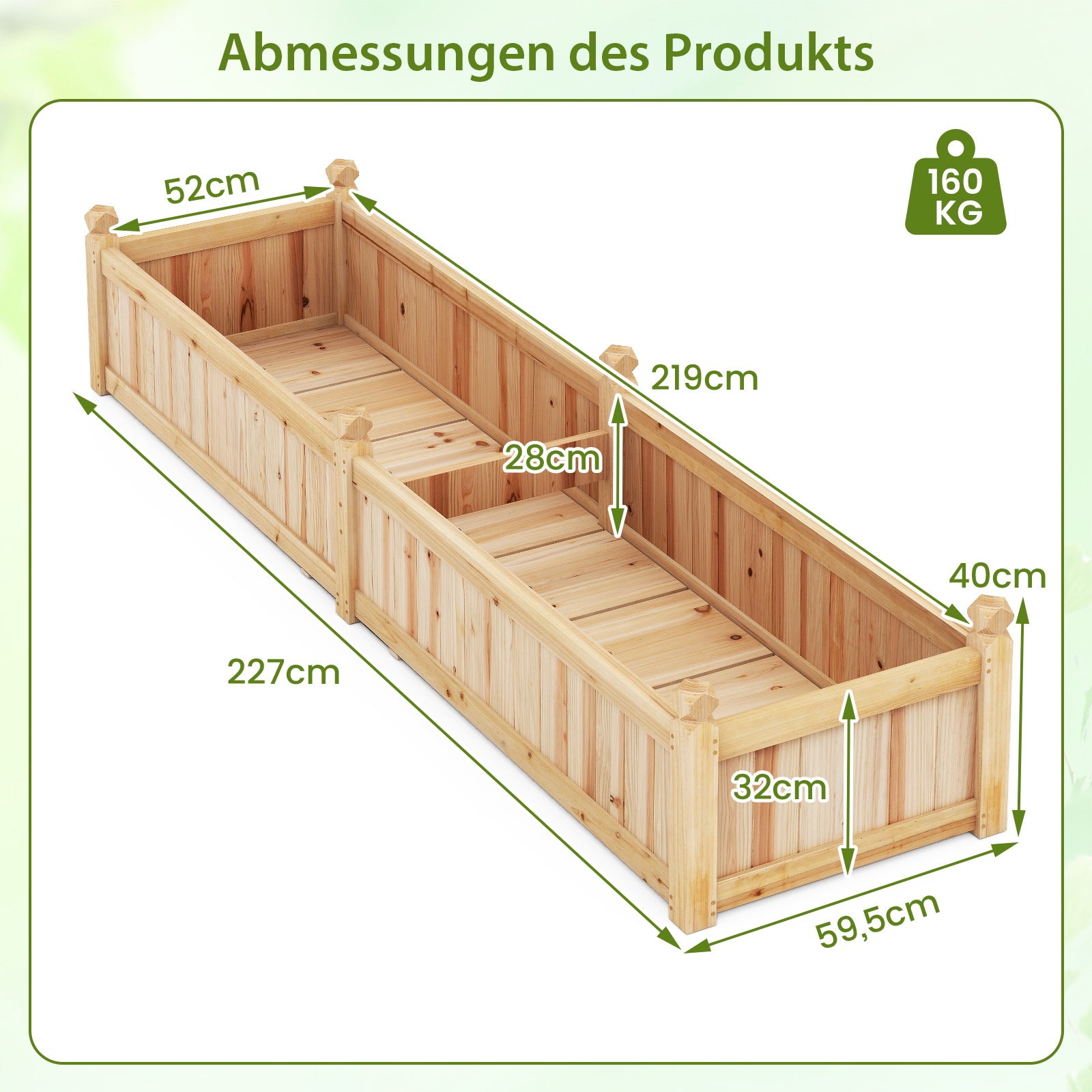 Blomlåda – Högbädd Trä Planteringslåda med Avskiljare Dräneringshål och Vävnadsfolie Trädgårdsbädd Planteringsbädd – 227 x 59,5 x 40 cm – Natur