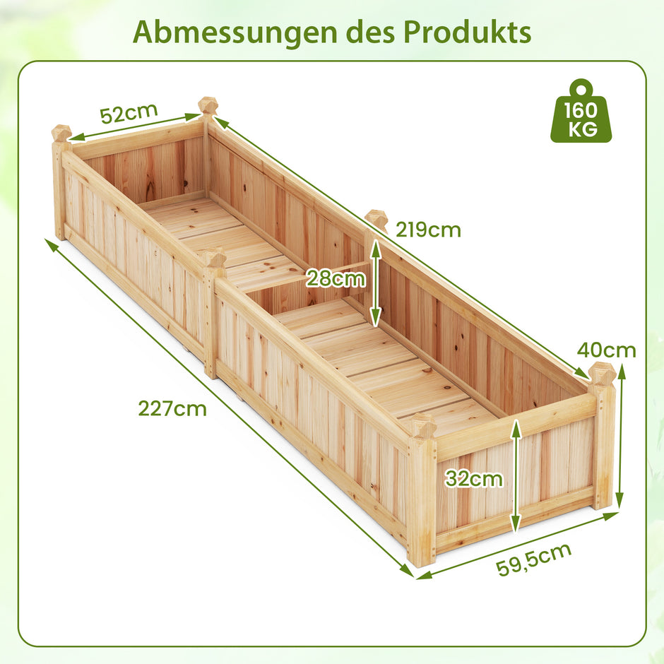 Blomlåda – Högbädd Trä Planteringslåda med Avskiljare Dräneringshål och Vävnadsfolie Trädgårdsbädd Planteringsbädd – 227 x 59,5 x 40 cm – Natur