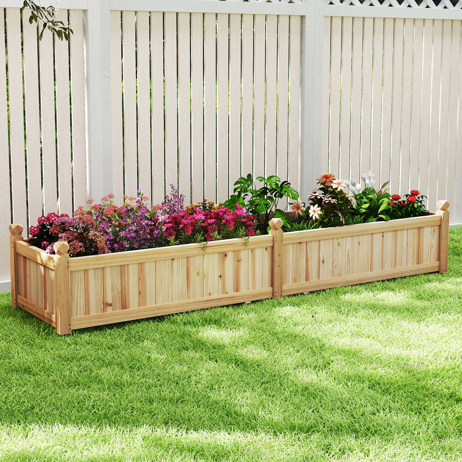 Blomlåda – Högbädd Trä Planteringslåda med Avskiljare Dräneringshål och Vävnadsfolie Trädgårdsbädd Planteringsbädd – 227 x 59,5 x 40 cm – Natur