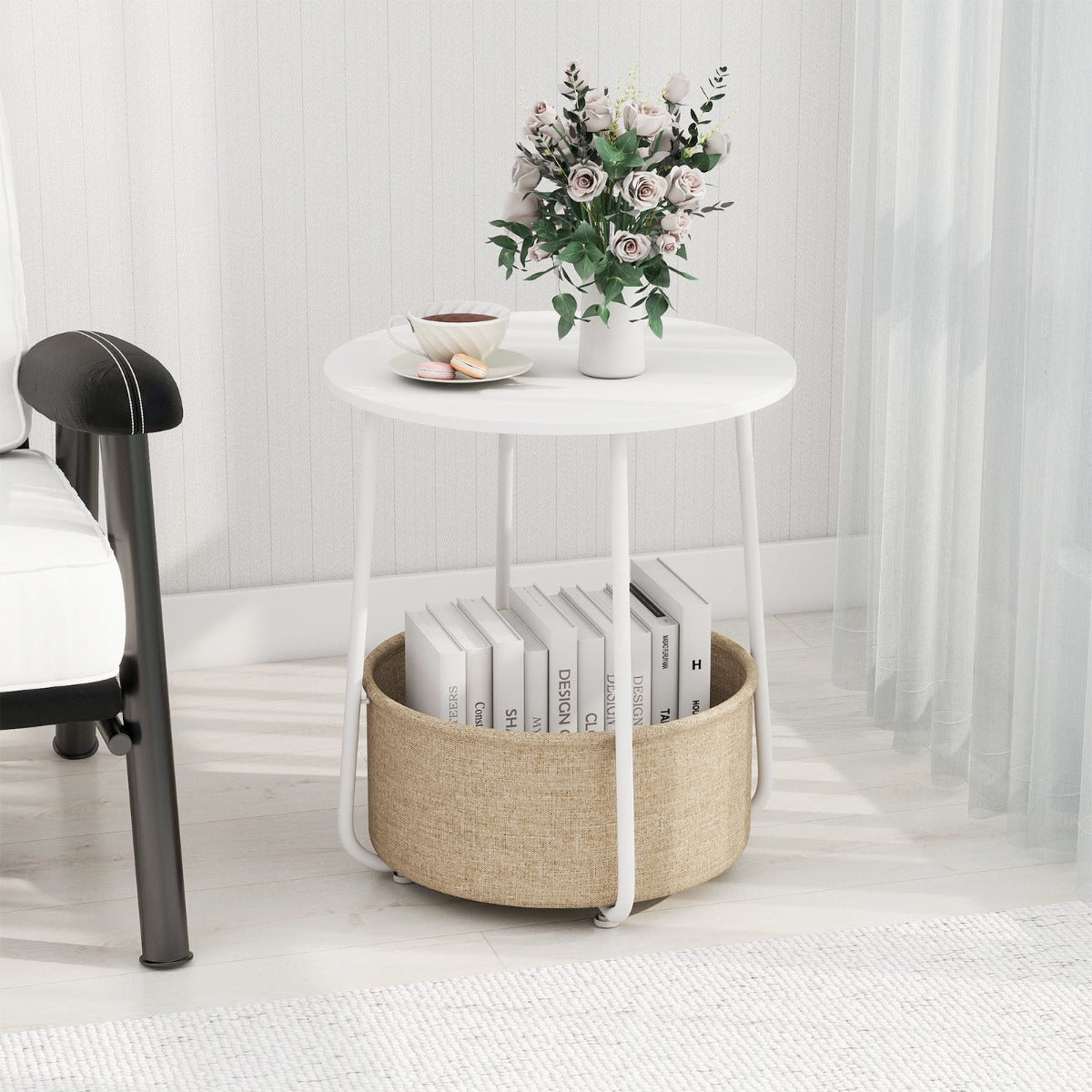 Rund – sidobord med förvaringskorg Litet soffbord Modernt Nattduksbord Vitt – Vit