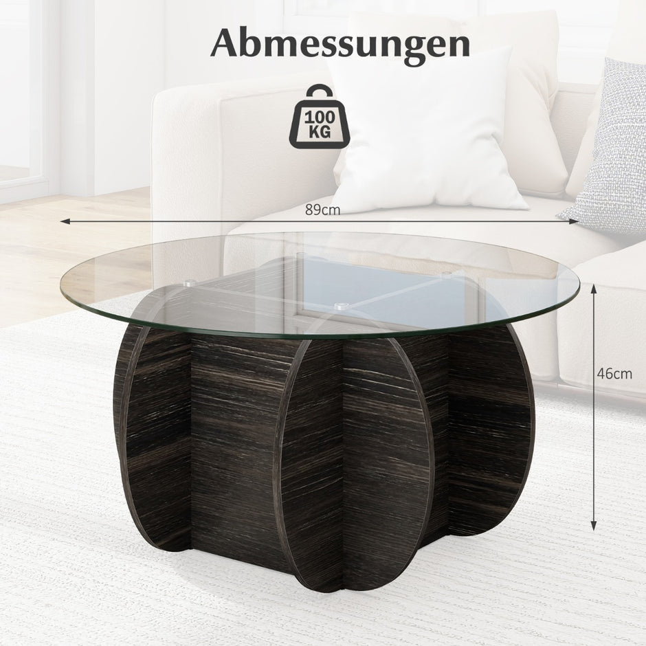 Rund – soffbord med härdat glasbordsskiva och massivt träunderrede Modernt – Ø 89 cm – Svart