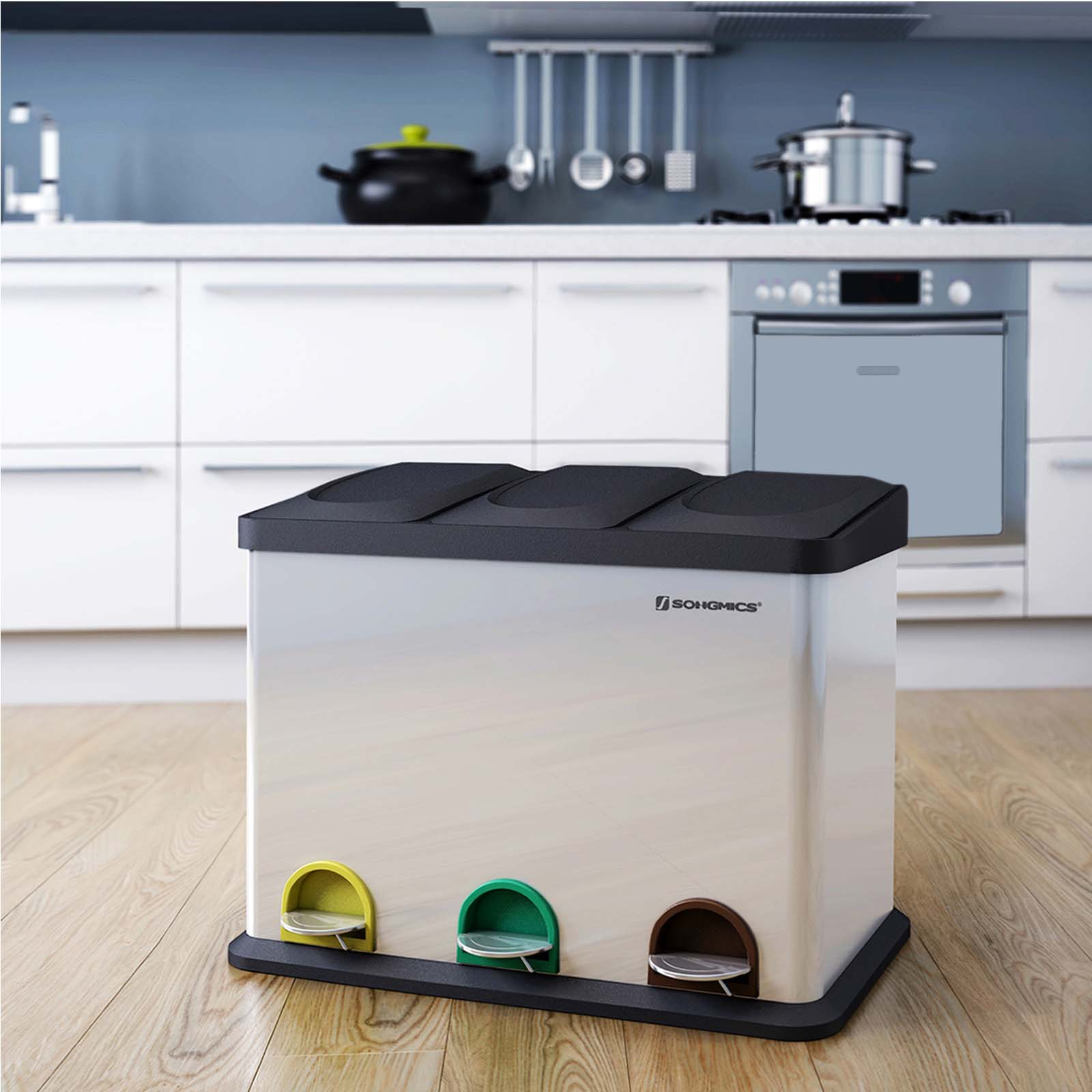 Avfallsbink - Kök Prullen Bin med pedal - 45 L (3 x 15 L) - Rostfritt stål - Silver/svart
