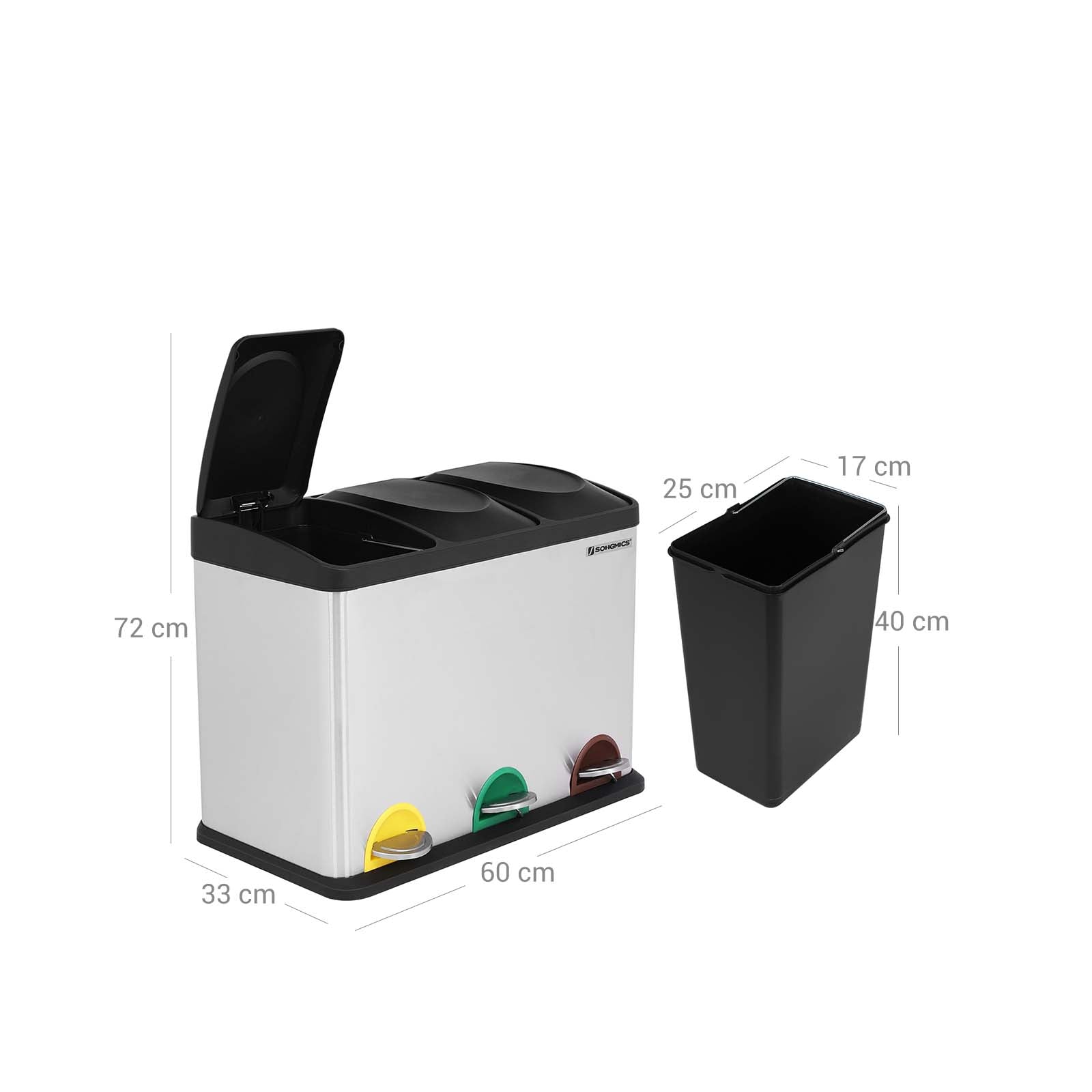 Avfallsbink - Kök Prullen Bin med pedal - 45 L (3 x 15 L) - Rostfritt stål - Silver/svart