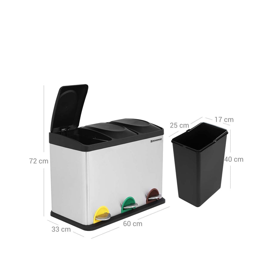 Avfallskärl – Pedalkorg med 3 fack – Silver/Svart