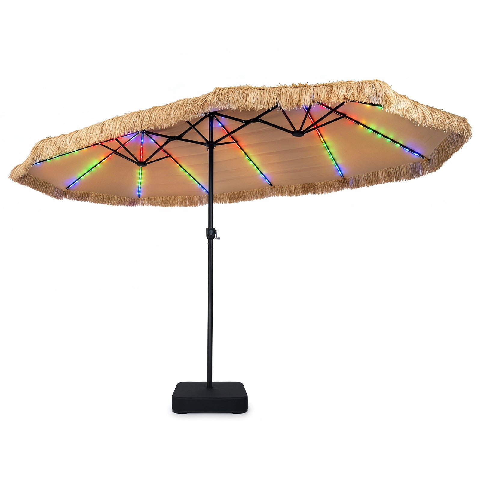 Hawaii‑solparaply – med LED och paraplystativ, halmparaply vev, solskydd metallstödben – 12 450 cm