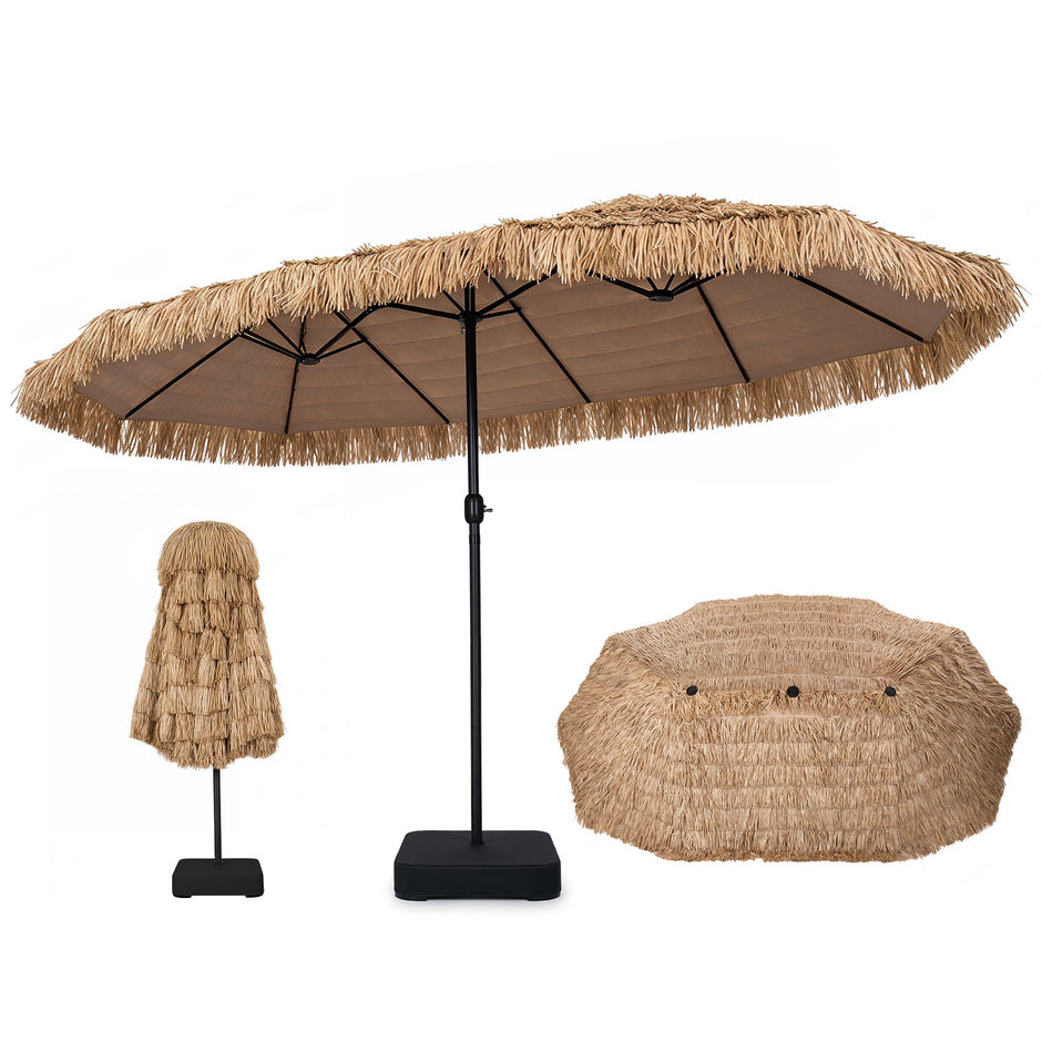 Parasoll – i hawaiisk stil med stativ halmtak, vev och metallribbor – 12 450 cm – Brun