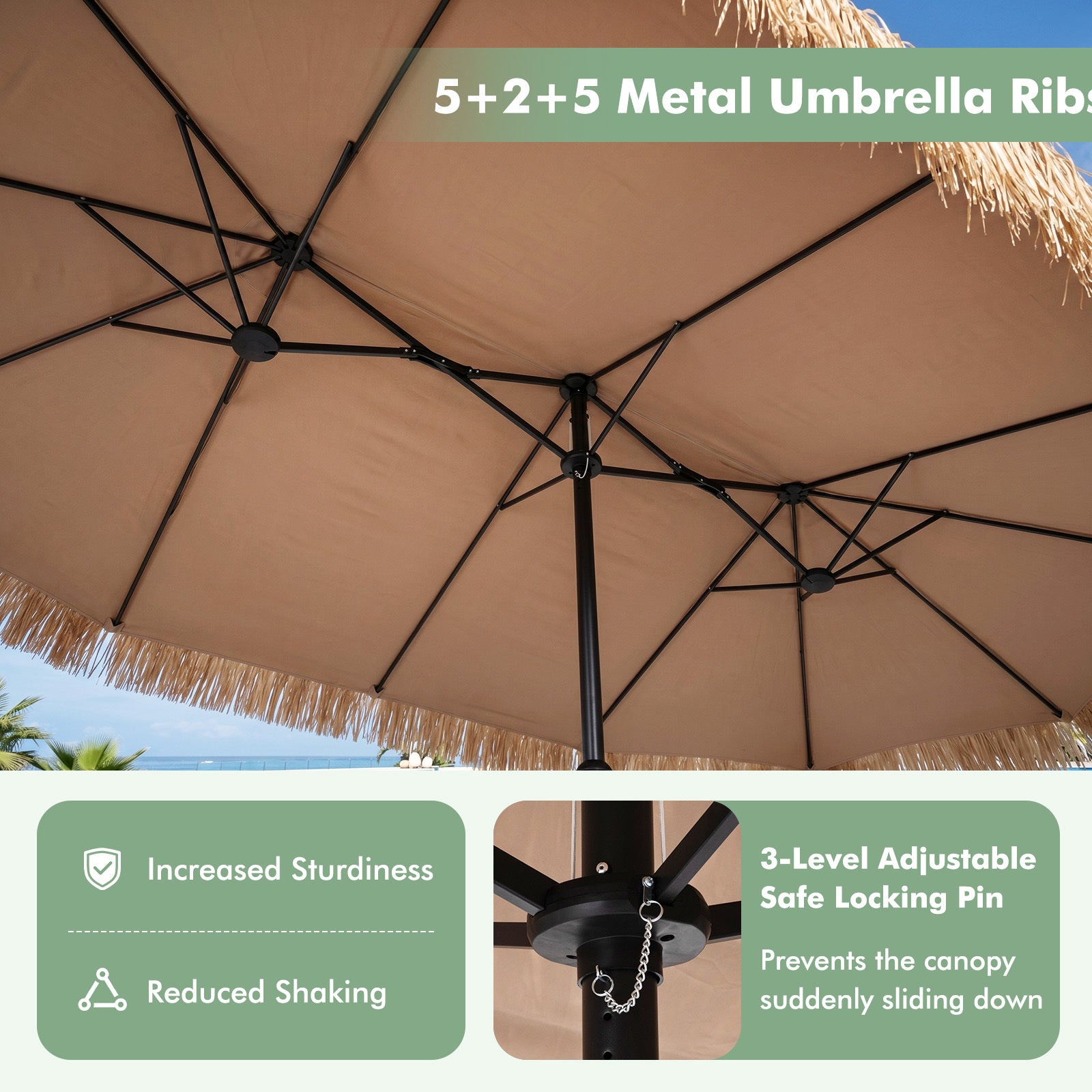 Parasoll – i hawaiisk stil med stativ halmtak, vev och metallribbor – 12 450 cm – Brun