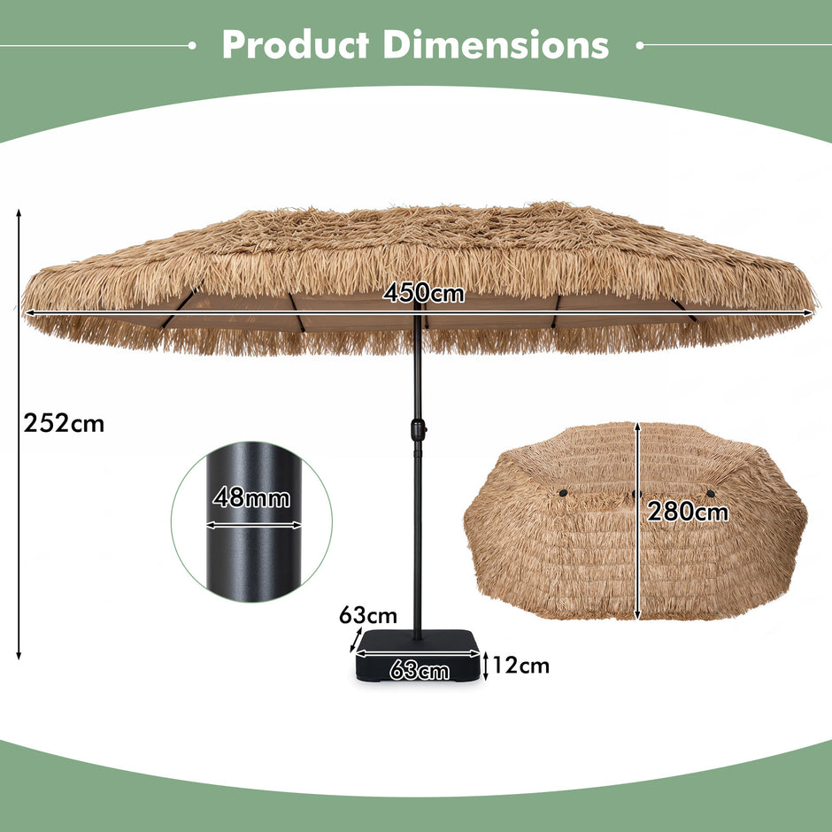 Parasoll – i hawaiisk stil med stativ halmtak, vev och metallribbor – 12 450 cm – Brun