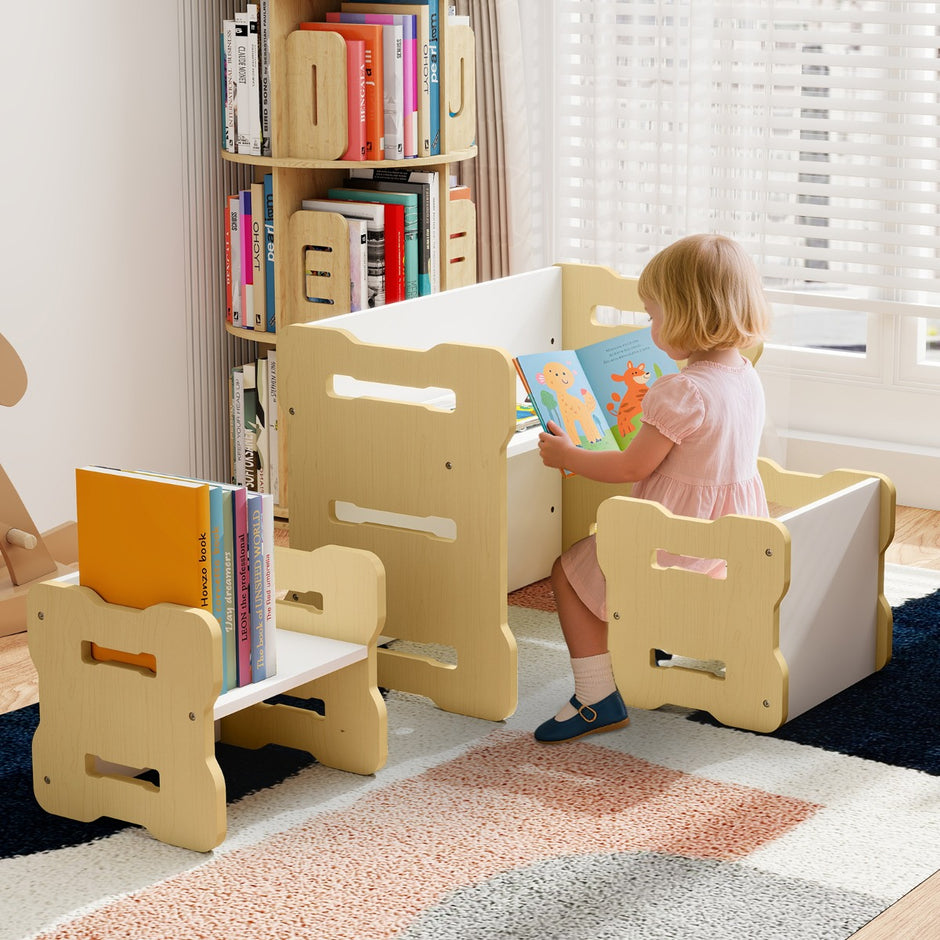 DEL. – Barn Bord och Stol Set med Pall Rundad Hörn Design – 3 2 – Natur