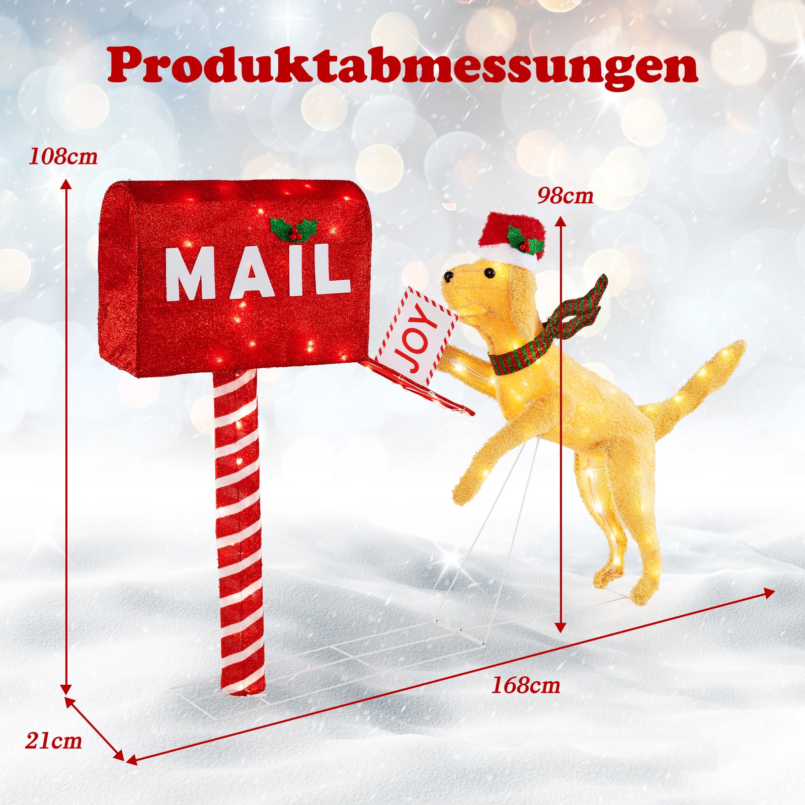Julpostlåda – och hund förbelyst festlig dekoration med varmvita LED lampor – 120 108 cm – Röd
