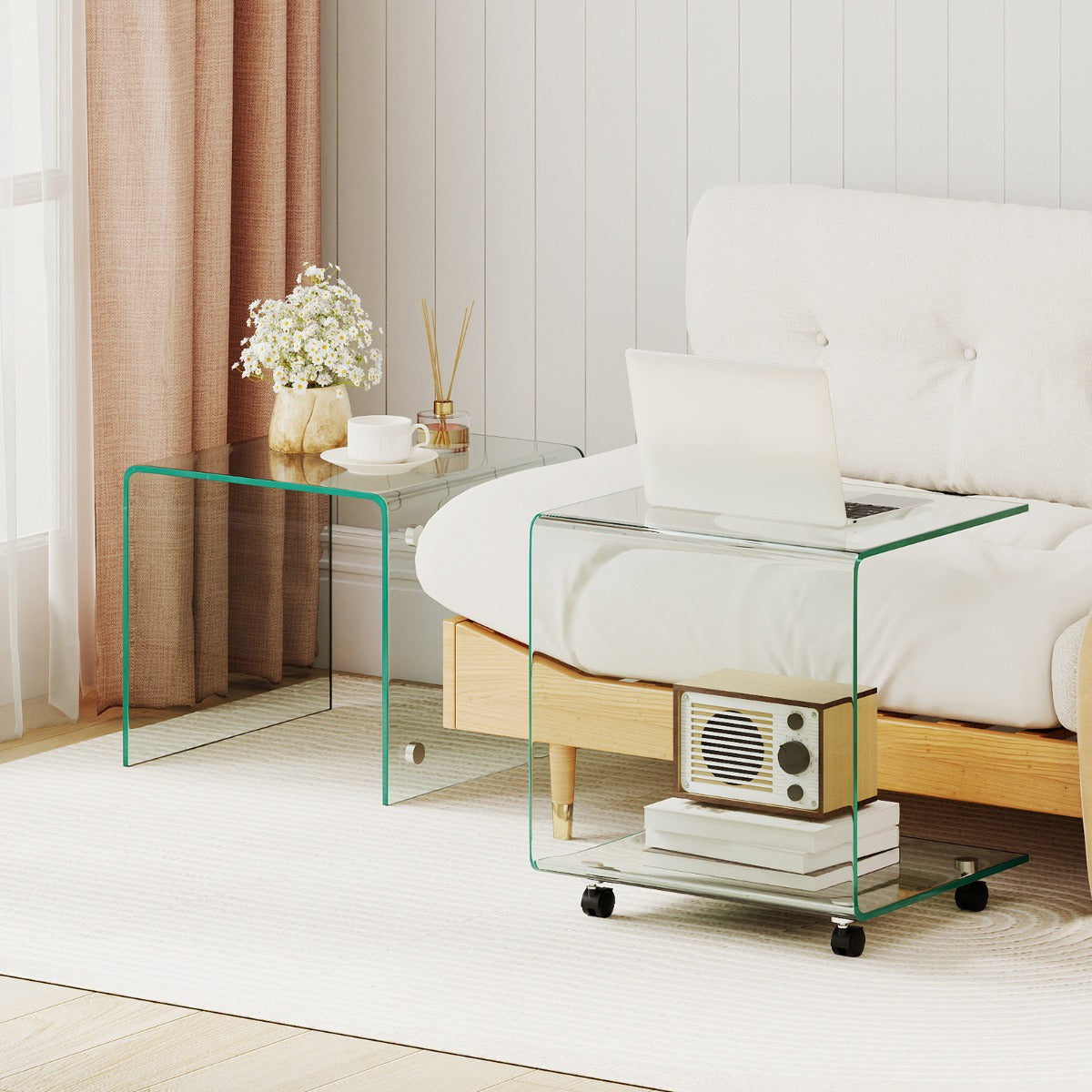 Sidobord – i härdat glas med hjul C formad Nattduksbord Soffbord Kaffebord Transparent – Genomskinlig