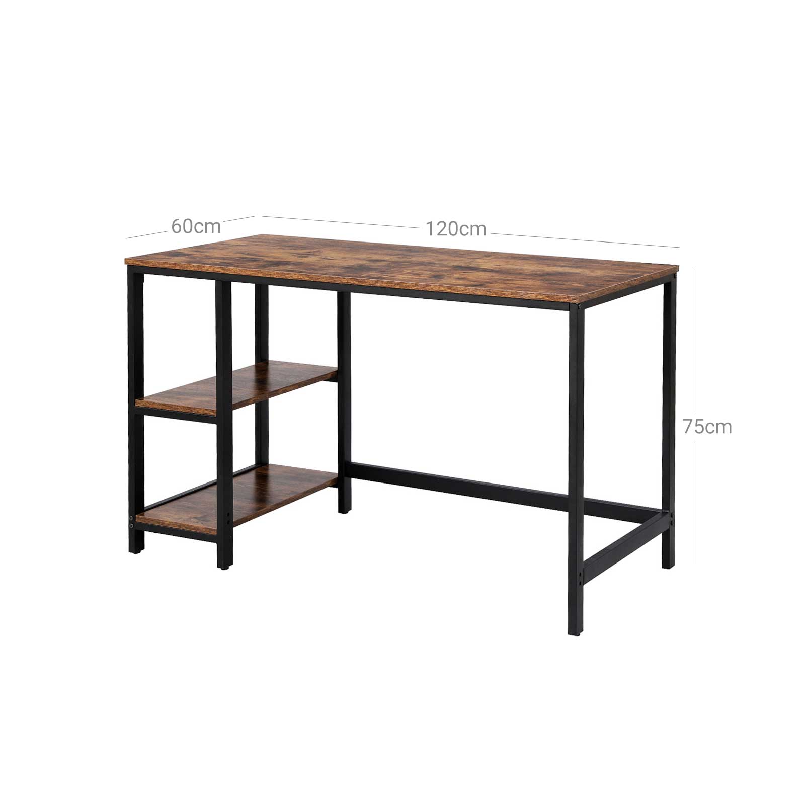 Skrivbord - PC -tabell med 2 hyllor - vänster eller höger montering - 120 x 60 x 75 cm