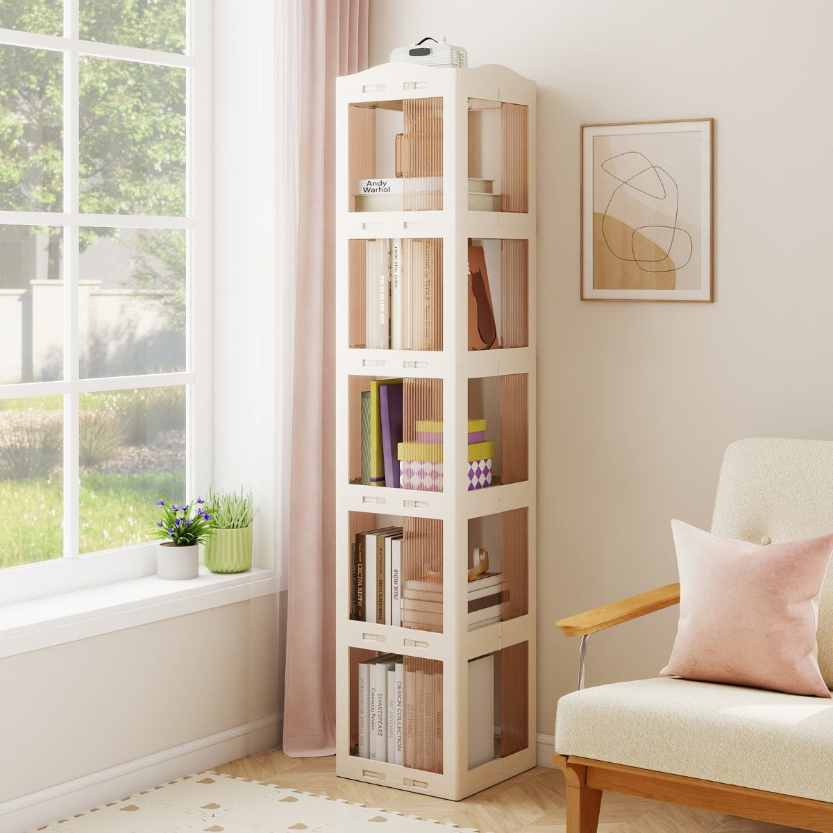 360° – Svängbar Bokhylla Ihopfällbar Ställhylla Transparent Kontorshylla – 36.5 x 36 x 174 cm – Vit