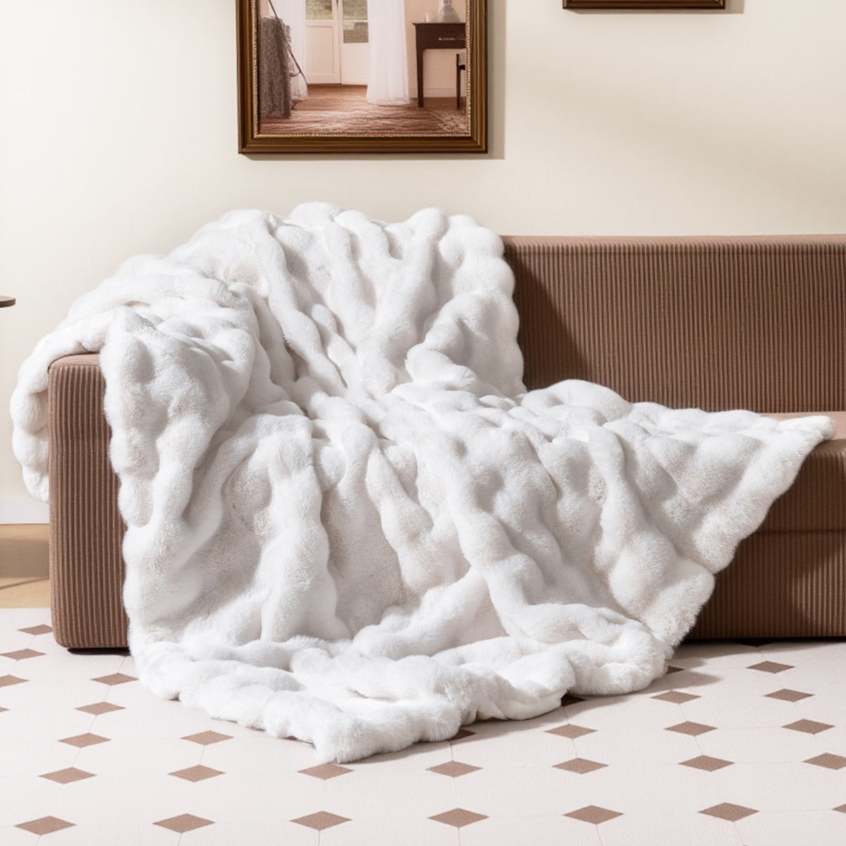 Lyxig – Konstpälsfilt Fluffig Plysch Kaninpäls Bubbel – 178 x 203 cm – Beige