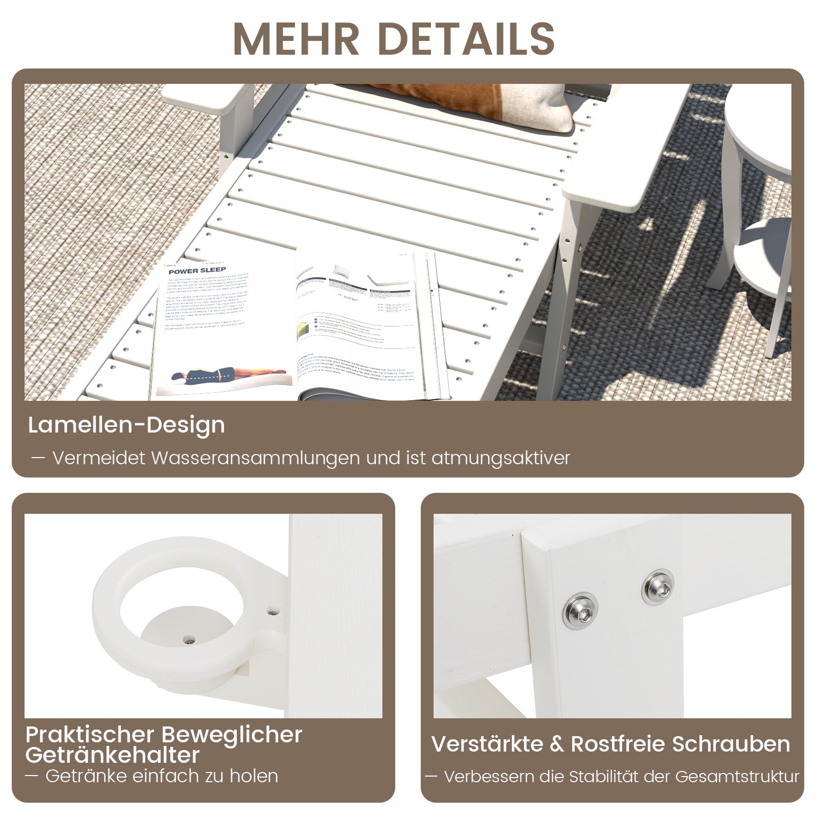 Liggstol – HDPE Utomhus med vägs justerbart ryggstöd och svängbart dryckeshållare – 4 – Vit