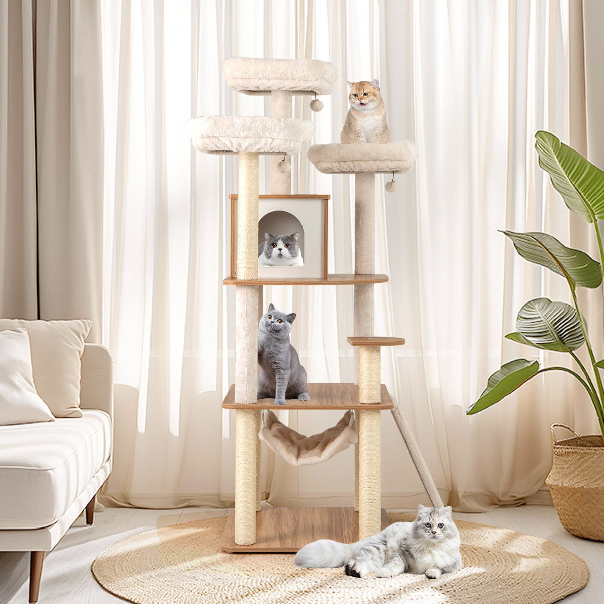 Trä – kattklösträd med håla och stege mattor bollar hängmatta – 168 cm – Natur