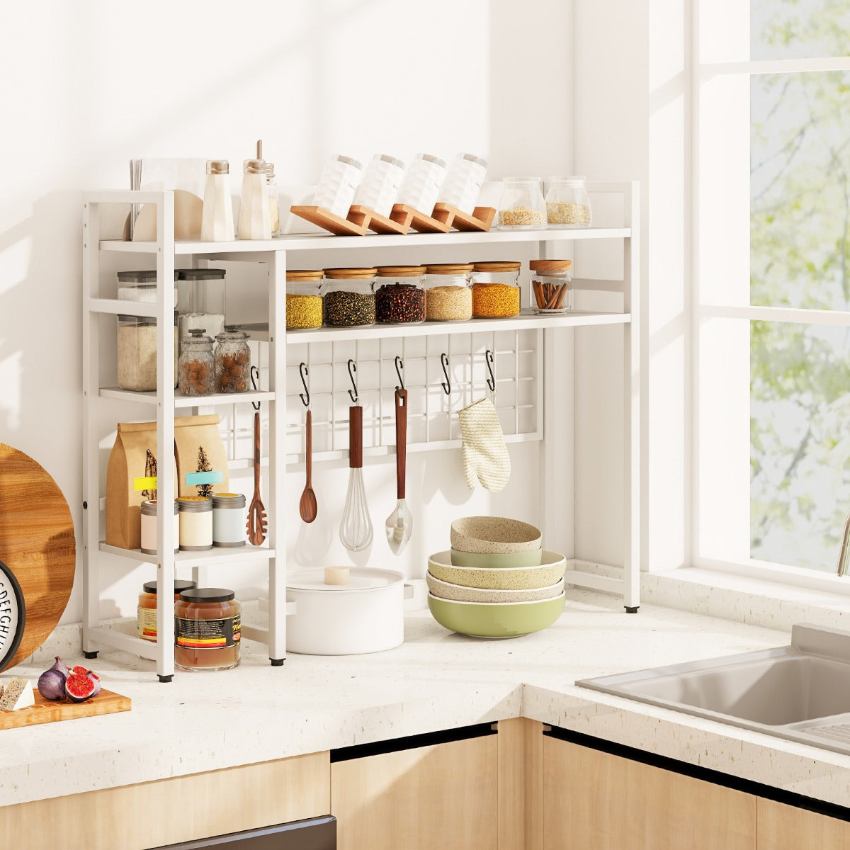 Skrivbordshylla – med hyllor och krokar, bokhylla – 4 6 – Vit