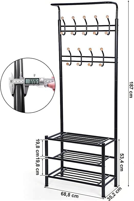 Klädställ med 18 krokar och 3 skoställ - stål - svart