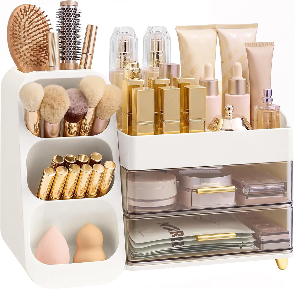 Make-up Organizer – Met Laden en Kwastenhouder – 3-in-1 – Voor 30+ Producten – Wit