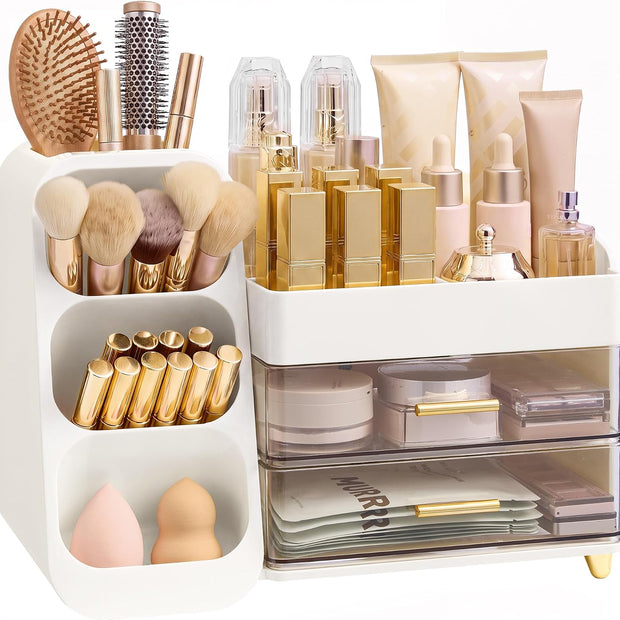 Make-up Organizer – Met Laden en Kwastenhouder – 3-in-1 – Voor 30+ Producten – Wit