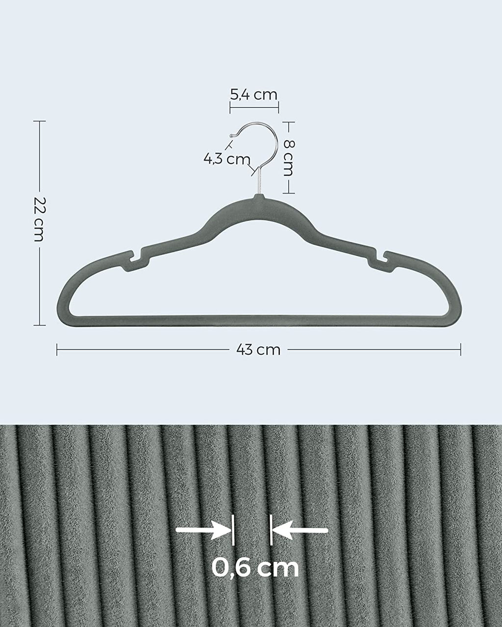 Klädhängare - sammetkläderhängare - Uppsättning av 30 stycken - anti -slip - roterande krok - grå