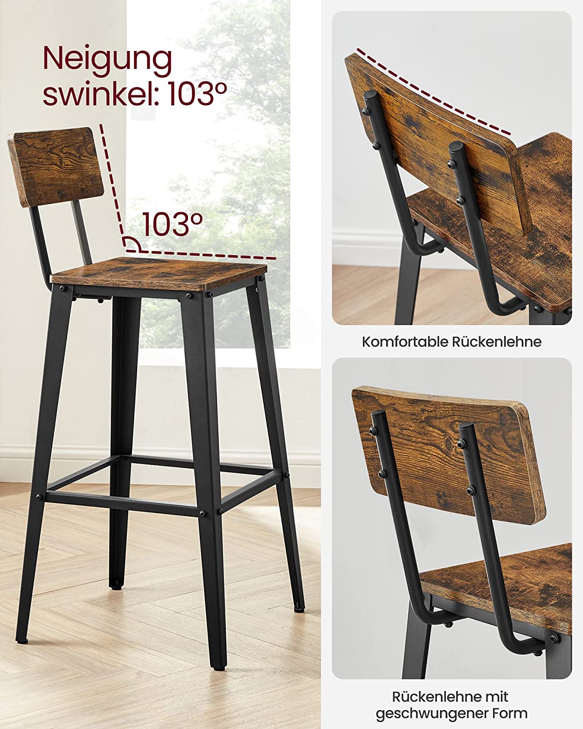 Barstolsset – Med ryggstöd och fotstöd – Vintage brunsvart