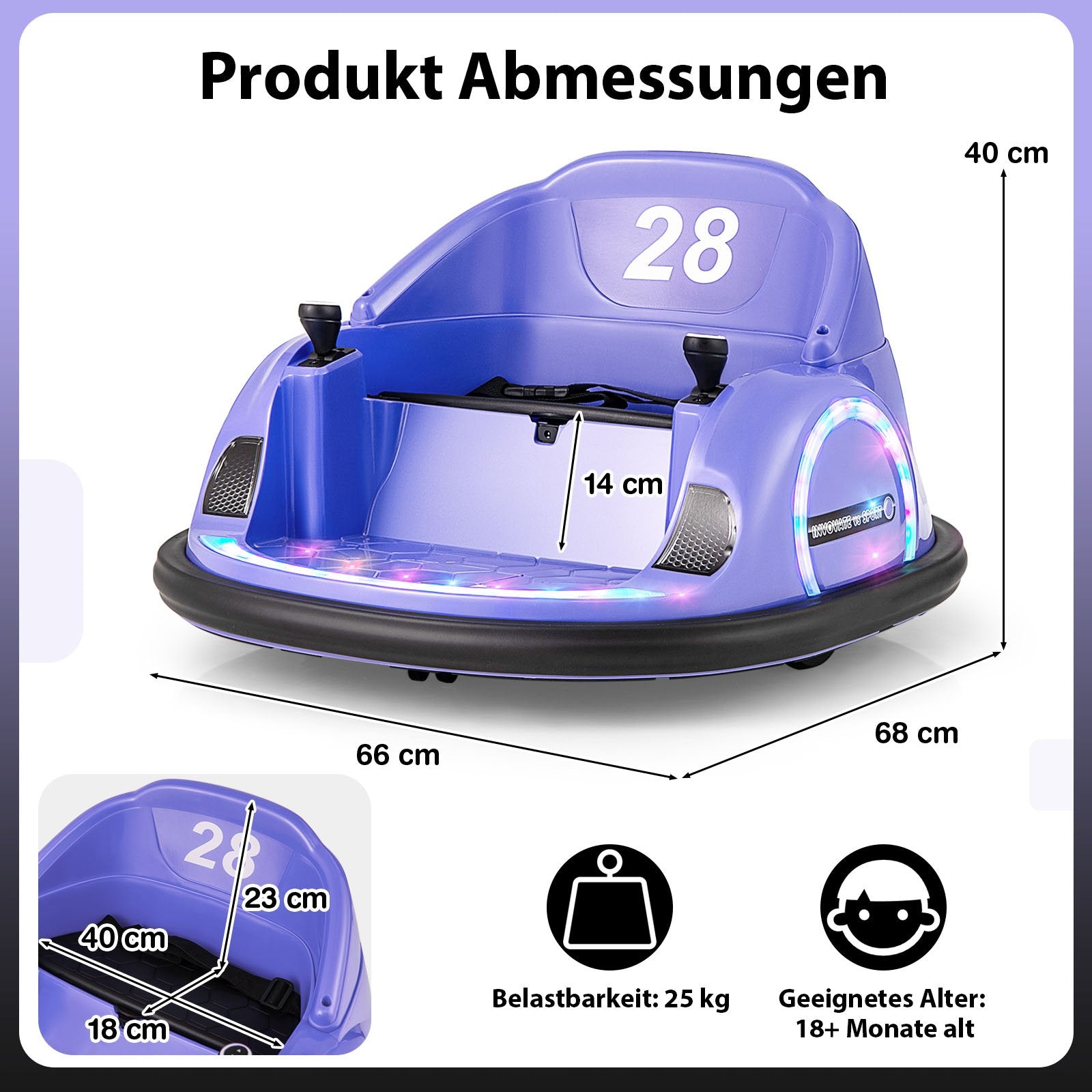 Sittande – bumperbil för småbarn 12V elektrisk 360° snurrbil leksak med fjärrkontroll – Lila