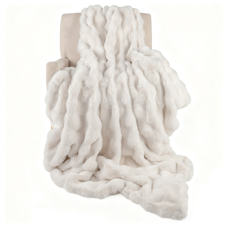 Lyxig – Konstpälsfilt Fluffig Plysch Kaninpäls Bubbel – 153 x 203 cm – Beige