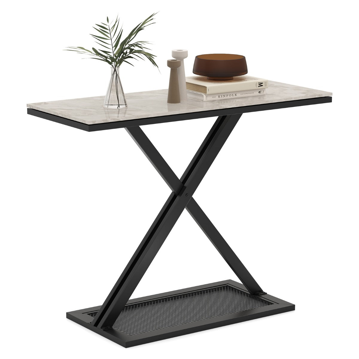 Konsolbord – med konstmarmorplatta Soffbord metallram – 100 x 40 x 77,5 cm – Svart och vit