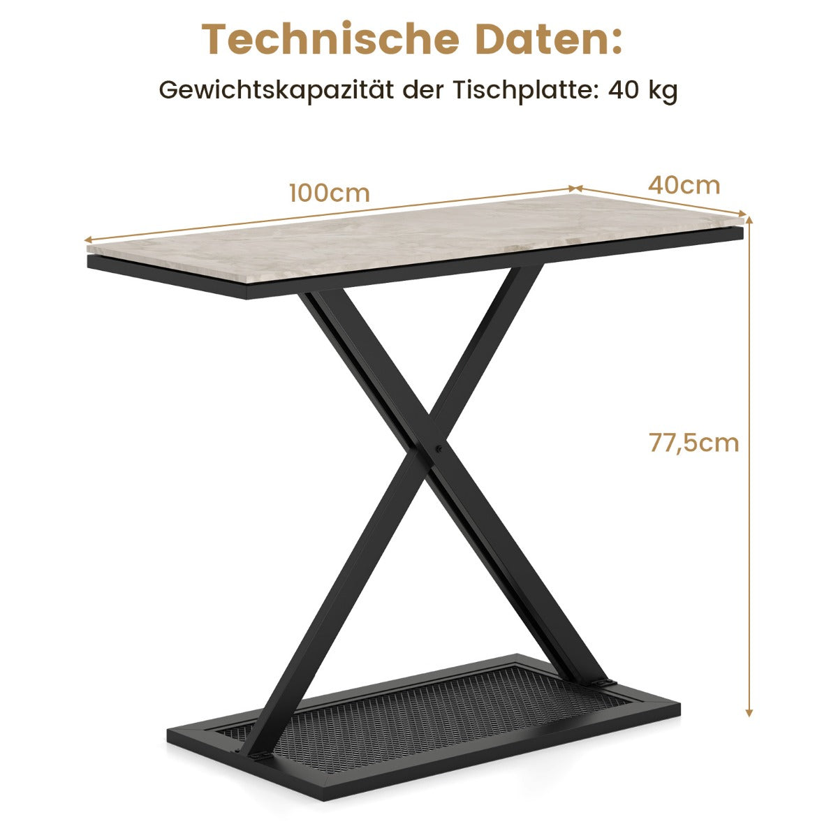 Konsolbord – med konstmarmorplatta Soffbord metallram – 100 x 40 x 77,5 cm – Svart och vit
