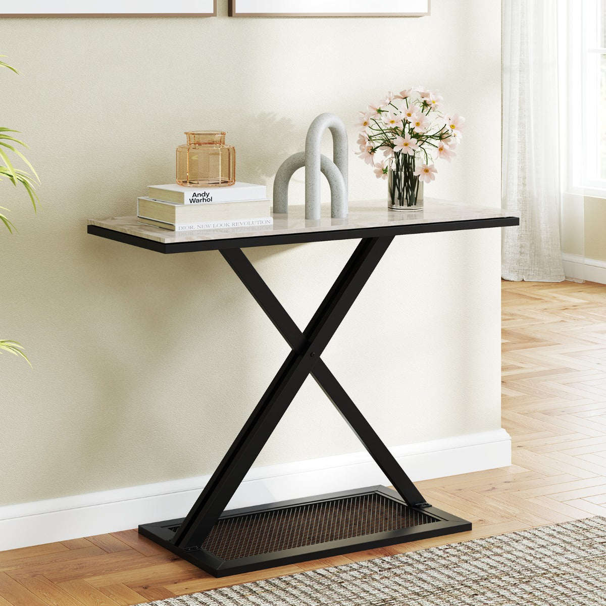 Konsolbord – med konstmarmorplatta Soffbord metallram – 100 x 40 x 77,5 cm – Svart och vit