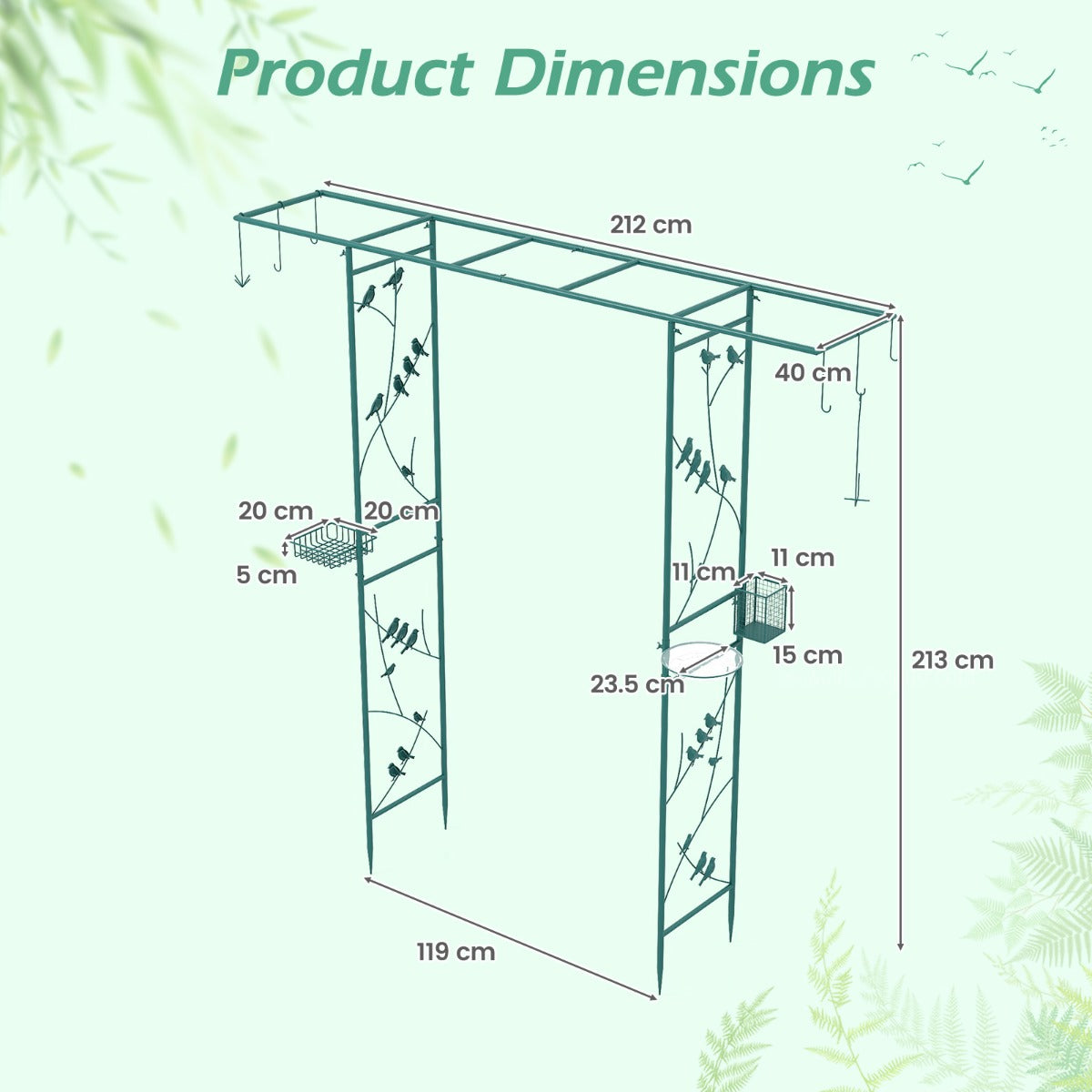 Trädgårdsbåge – med matstation, robust vattenskål, gallerbricka, fettmatare – 213 cm – Grön