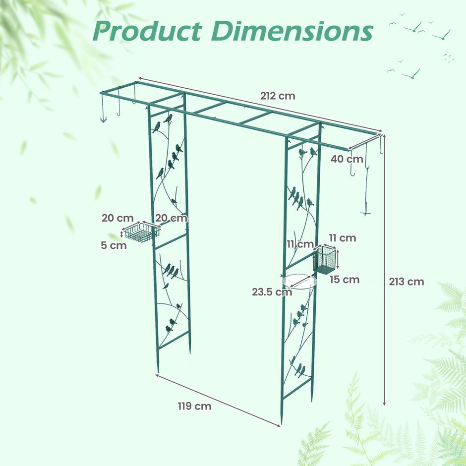 Trädgårdsbåge – med matstation, robust vattenskål, gallerbricka, fettmatare – 213 cm – Grön