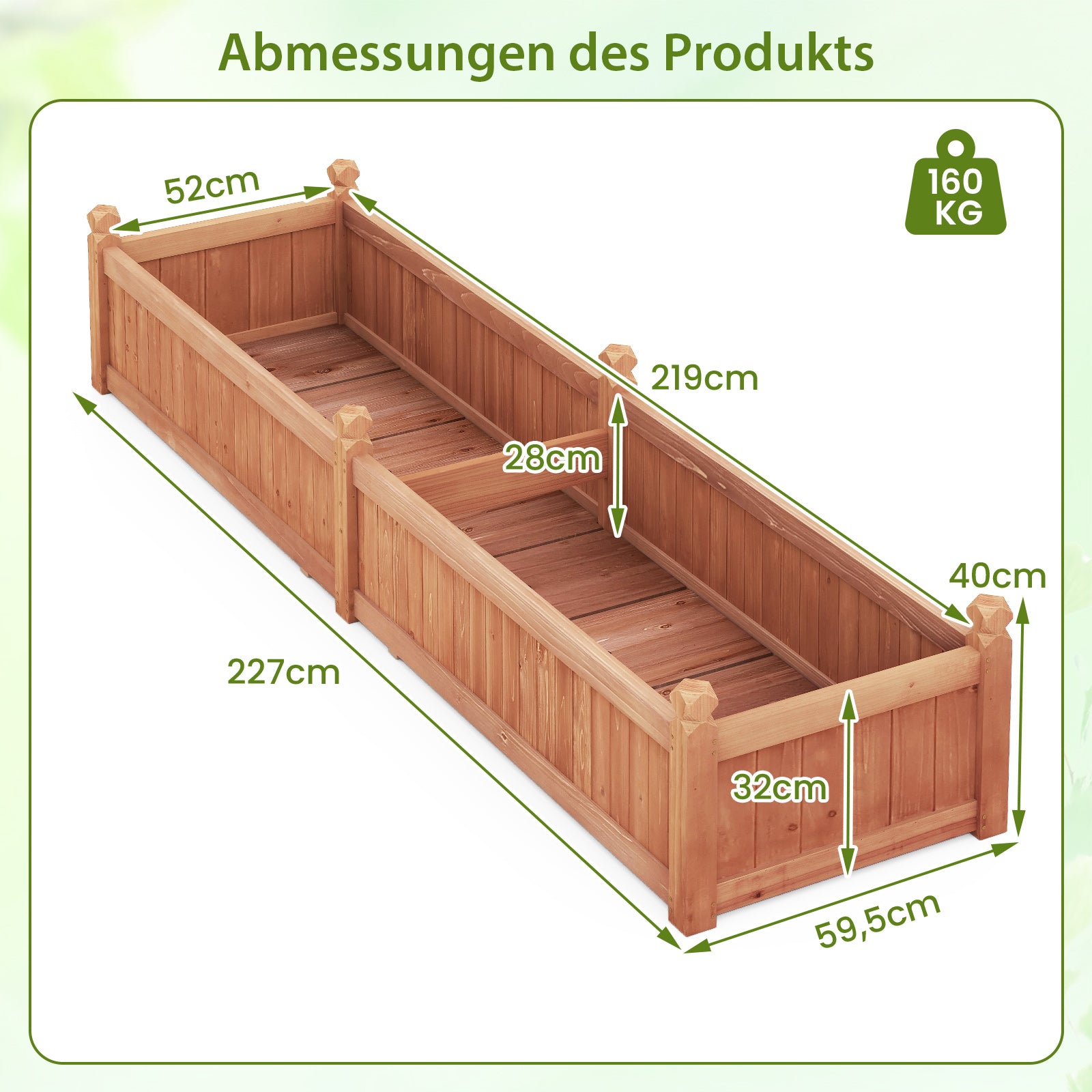 Blomlåda – Högbädd Trä Planteringslåda med Avdelare Dräneringshål och Vävnadsfolie Trädgårdsbädd Planteringsbädd – 227 x 59,5 x 40 cm – Brun