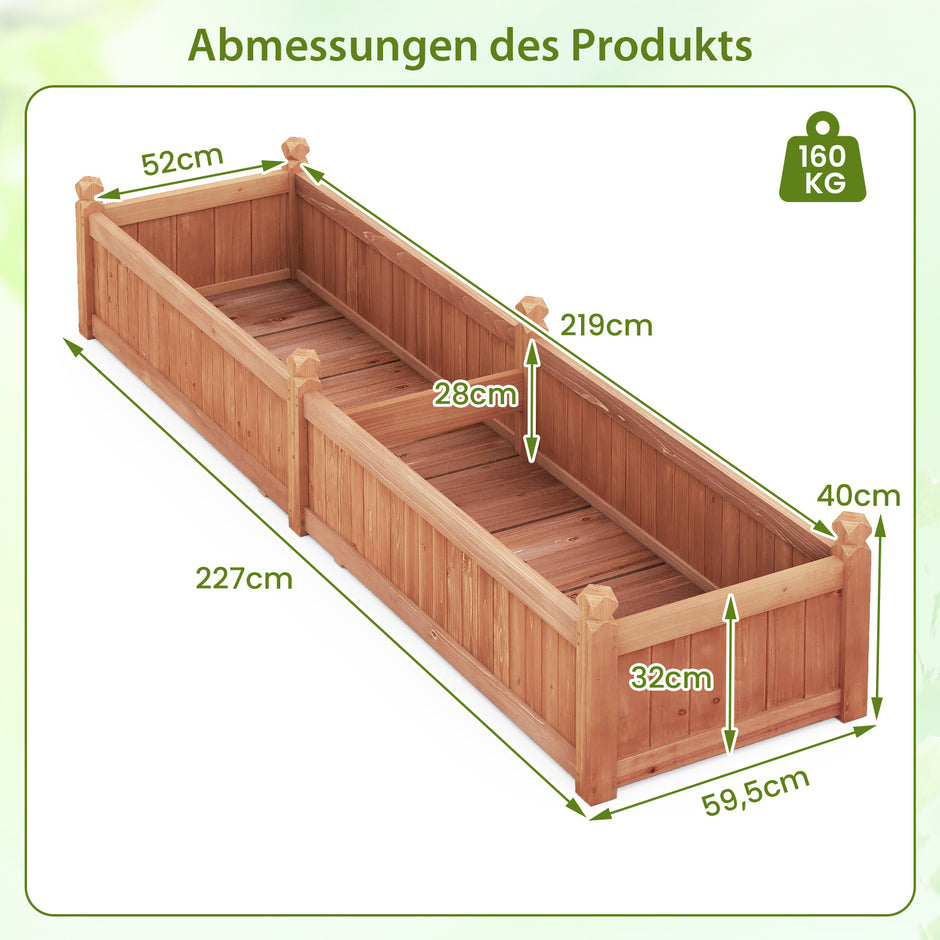 Blomlåda – Högbädd Trä Planteringslåda med Avdelare Dräneringshål och Vävnadsfolie Trädgårdsbädd Planteringsbädd – 227 x 59,5 x 40 cm – Brun