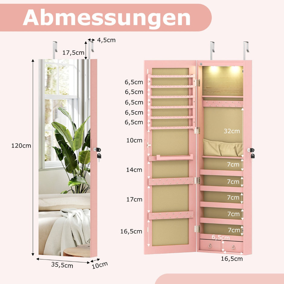 Smyckeskåp – med LED belysning Smyckeshylla spegel Låsbart – Rosa
