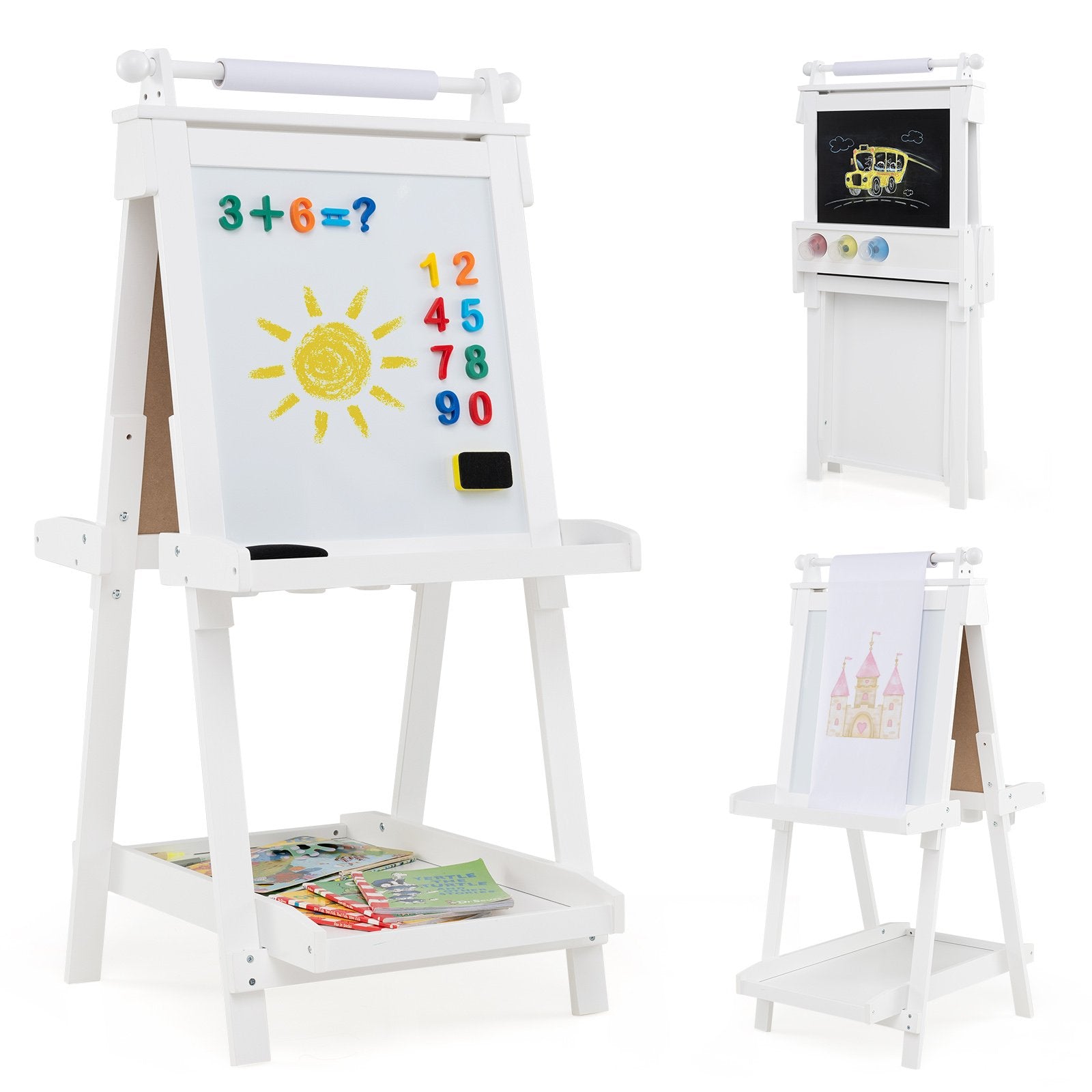 Barn – H höjdjusterbar tavla med whiteboard och magnetisk Fällbar staffli – Vit
